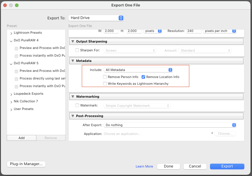 EXIF-data verwijderen bij exporteren in Adobe Lightroom